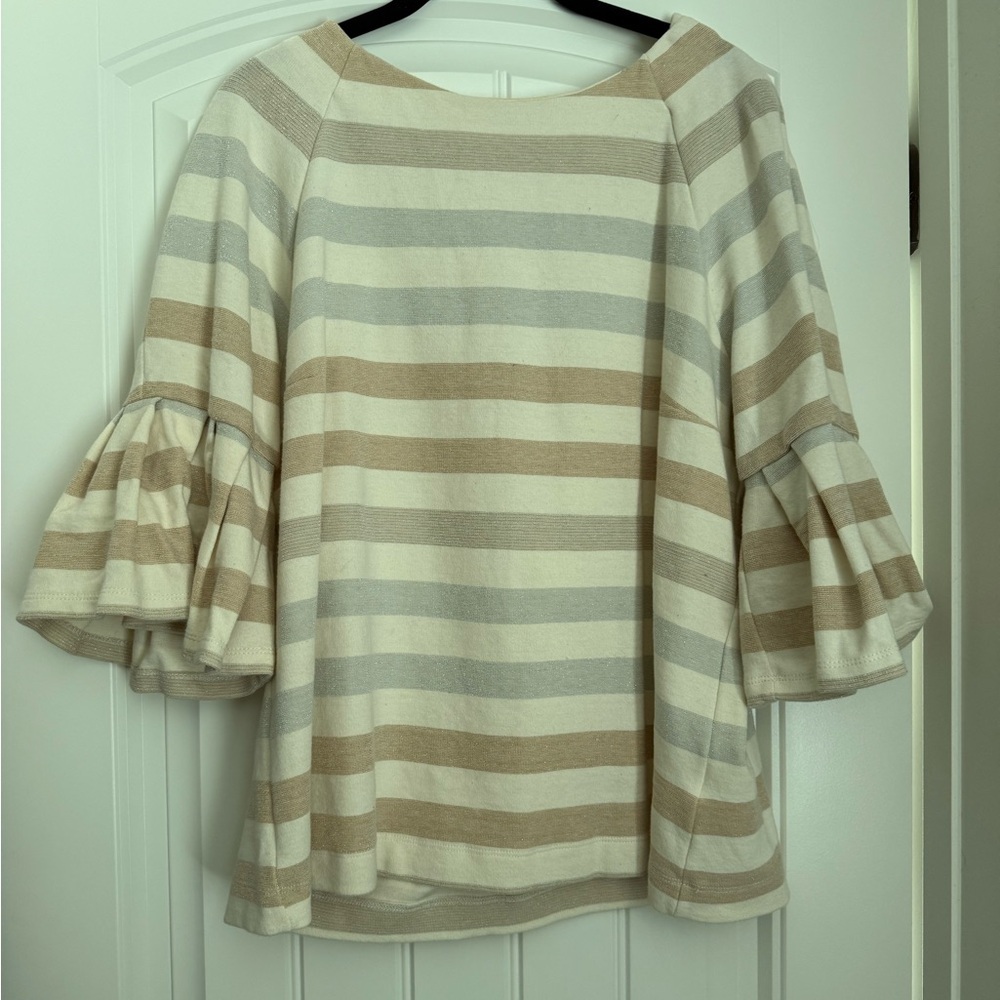 Maeve Gold, Solver Striped Ruffled Bell Sleeve Sweater